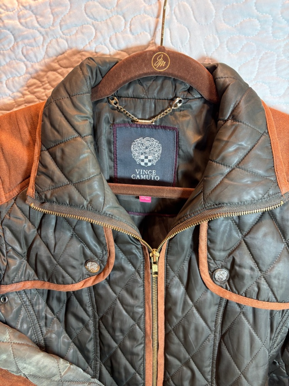 Vince Camuto Equestrian Style Quilted Riding Jacket in Olive Green with Tan Trim